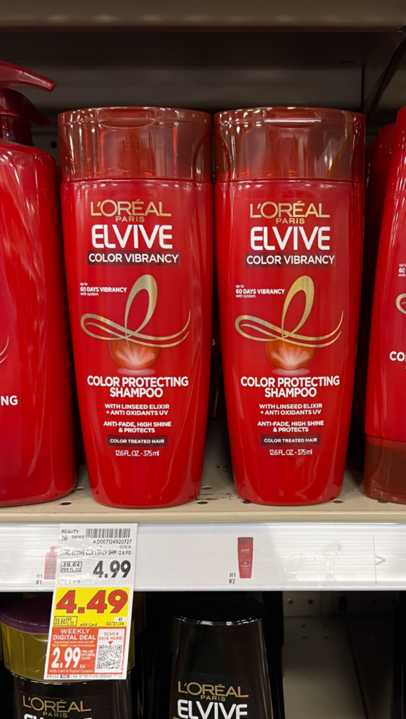L'oreal elvive hair care products on display in a store.