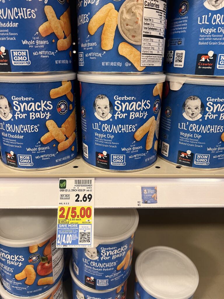 Gerbers snacks for baby are on display in a store.