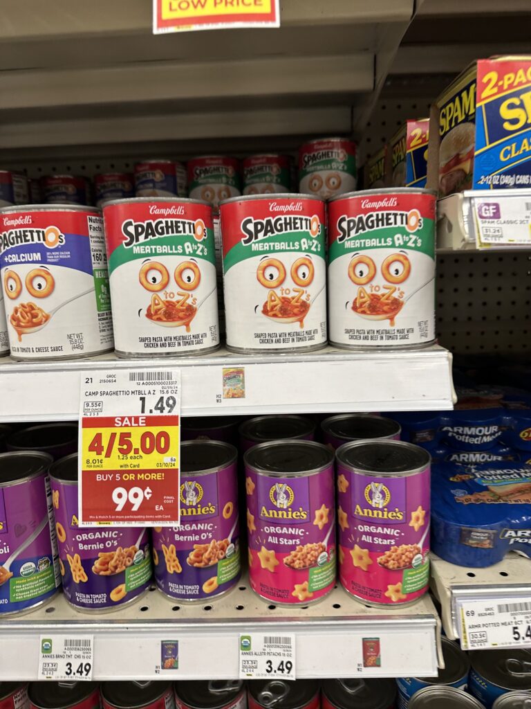A shelf full of cans of food in a grocery store.