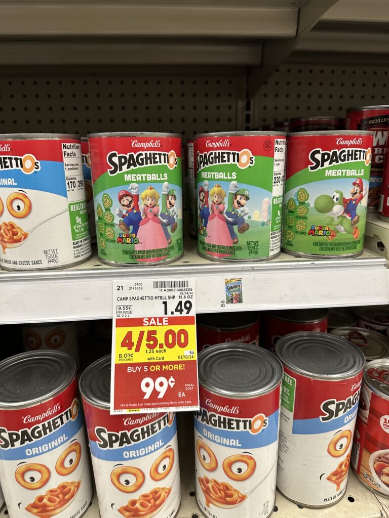 Spaghetti and meatballs are on sale at a grocery store.