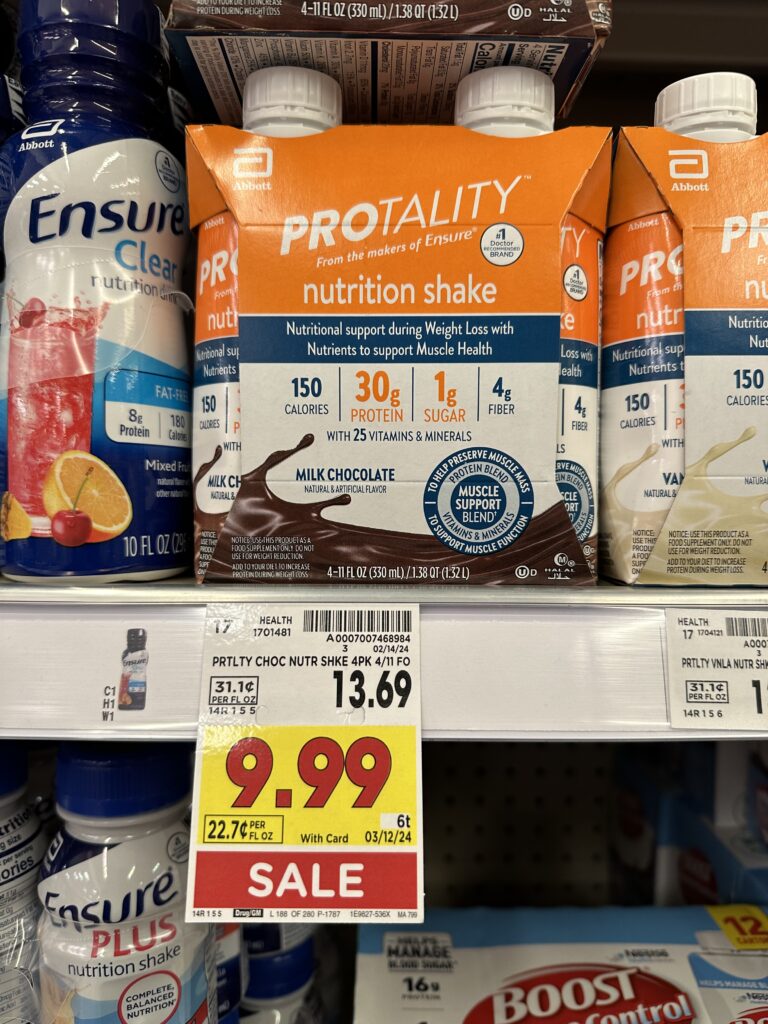 A bottle of protality nutrition shake is on sale at a grocery store.