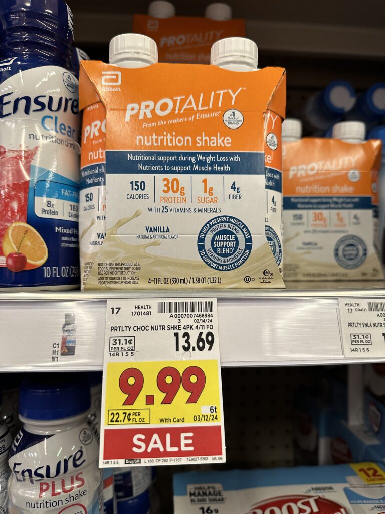 A bottle of protality nutrition shake is on sale at a grocery store.