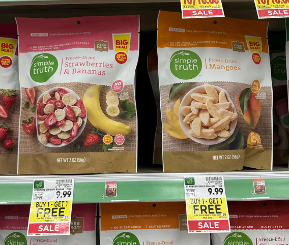 Simple Truth Freeze Dried Mangos and Strawberry and banana kroger shelf image