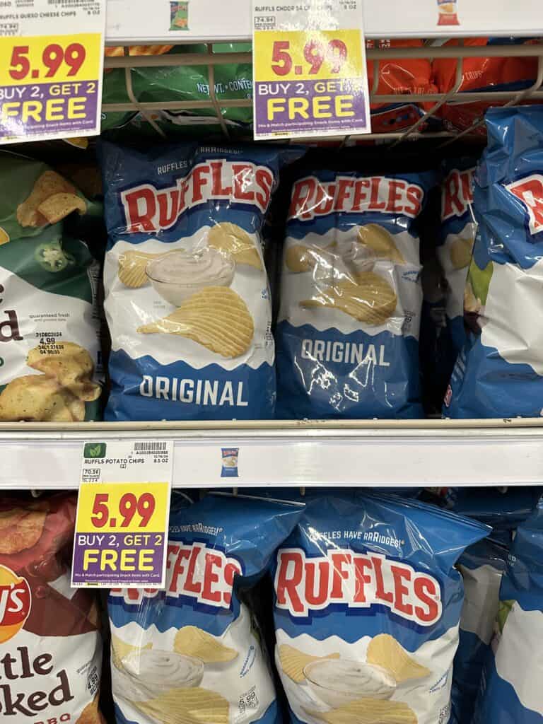 Sun Chips. Lays Kettle Chips, Tostitos, Fritos and Cheetos Kroger Shelf Image