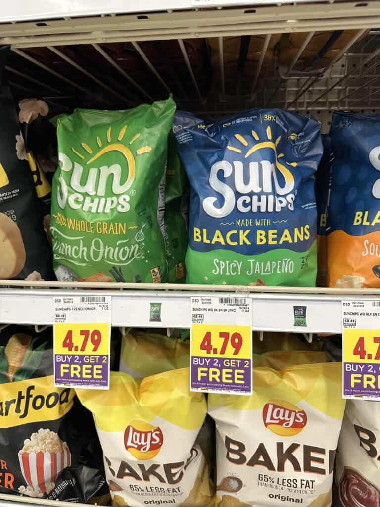 Sun Chips. Lays Kettle Chips, Tostitos, Fritos and Cheetos Kroger Shelf Image