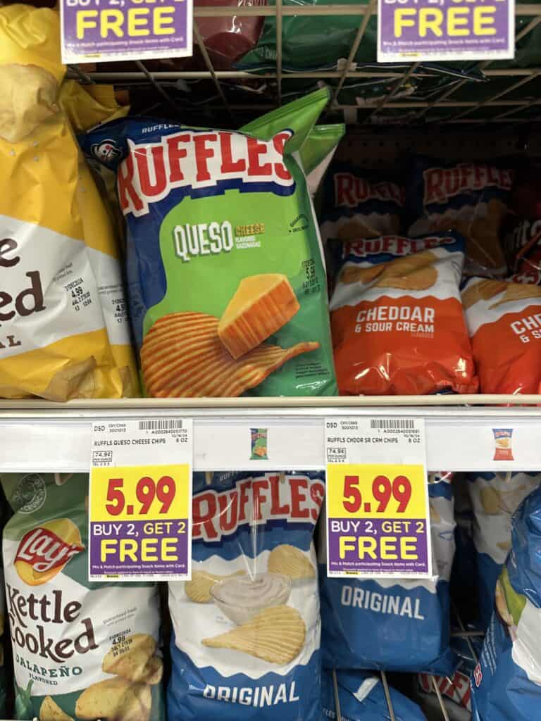 Sun Chips. Lays Kettle Chips, Tostitos, Fritos and Cheetos Kroger Shelf Image