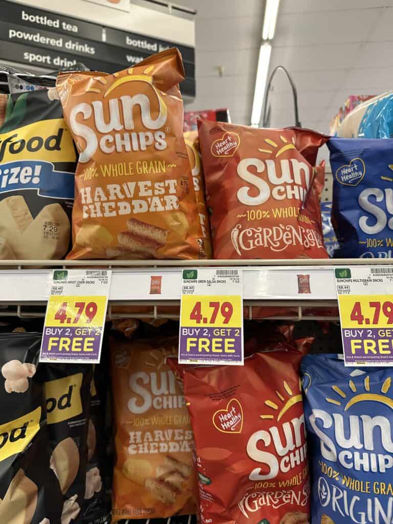 Sun Chips. Lays Kettle Chips, Tostitos, Fritos and Cheetos Kroger Shelf Image