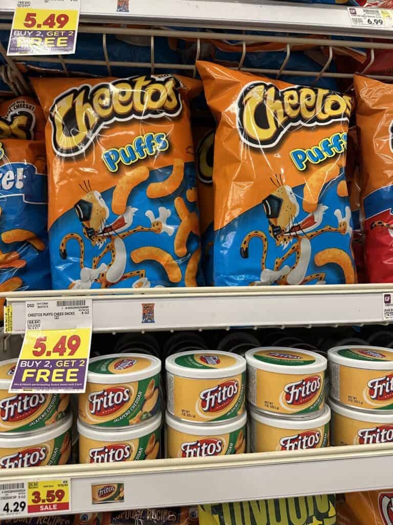 Sun Chips. Lays Kettle Chips, Tostitos, Fritos and Cheetos Kroger Shelf Image