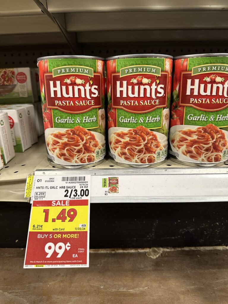 Hunt's Pasta Sauces are on sale for just $0.99 each when you buy 5 or more participating items at Kroger. No coupons are needed—simply add 5 qualifying items to your cart to grab this great price on a pantry staple. It’s a perfect time to stock up on these sauces for all your pasta nights.