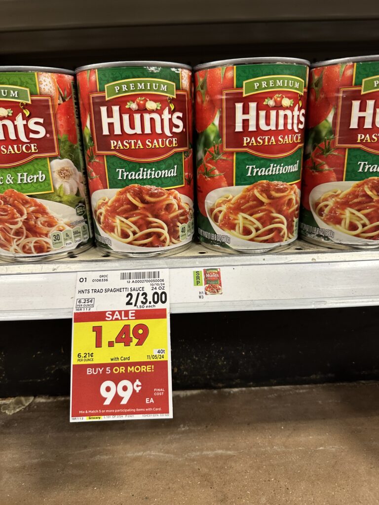 Hunt's Pasta Sauces are on sale for just $0.99 each when you buy 5 or more participating items at Kroger. No coupons are needed—simply add 5 qualifying items to your cart to grab this great price on a pantry staple. It’s a perfect time to stock up on these sauces for all your pasta nights.