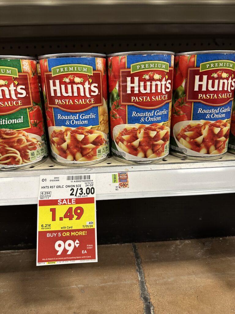 Hunt's Pasta Sauces are on sale for just $0.99 each when you buy 5 or more participating items at Kroger. No coupons are needed—simply add 5 qualifying items to your cart to grab this great price on a pantry staple. It’s a perfect time to stock up on these sauces for all your pasta nights.