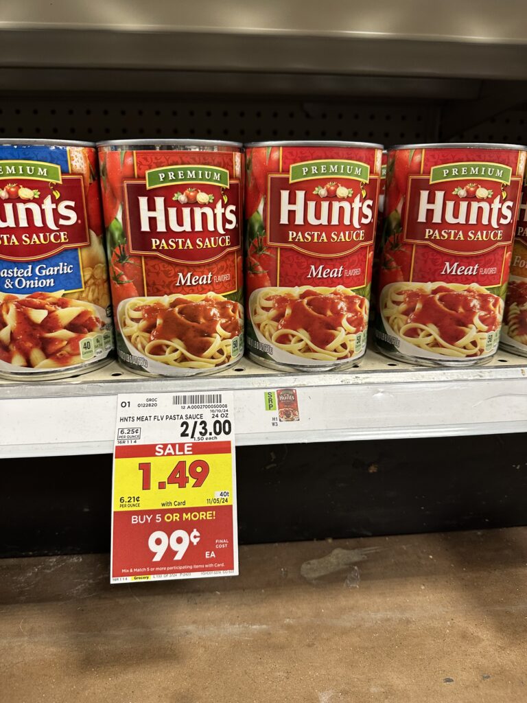 Hunt's Pasta Sauces are on sale for just $0.99 each when you buy 5 or more participating items at Kroger. No coupons are needed—simply add 5 qualifying items to your cart to grab this great price on a pantry staple. It’s a perfect time to stock up on these sauces for all your pasta nights.