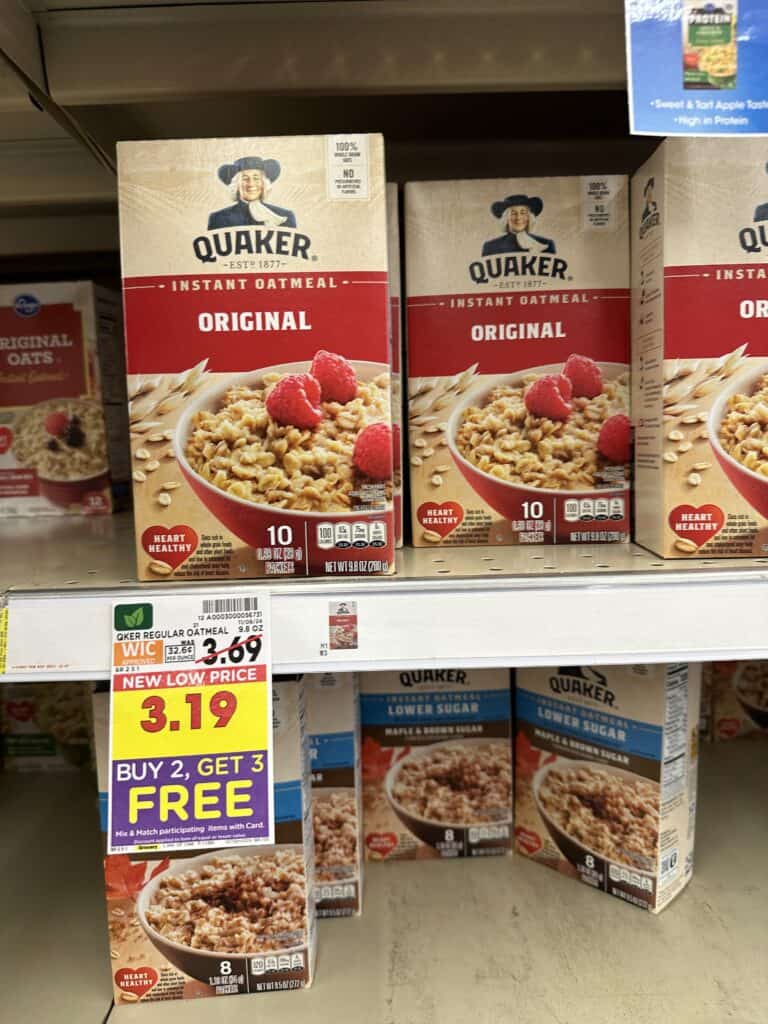 Quaker Instant Oatmeal, Oatmeal, Pearl Milling Pancake and Syrup, Quaker cereals and kroger coffee shelf images