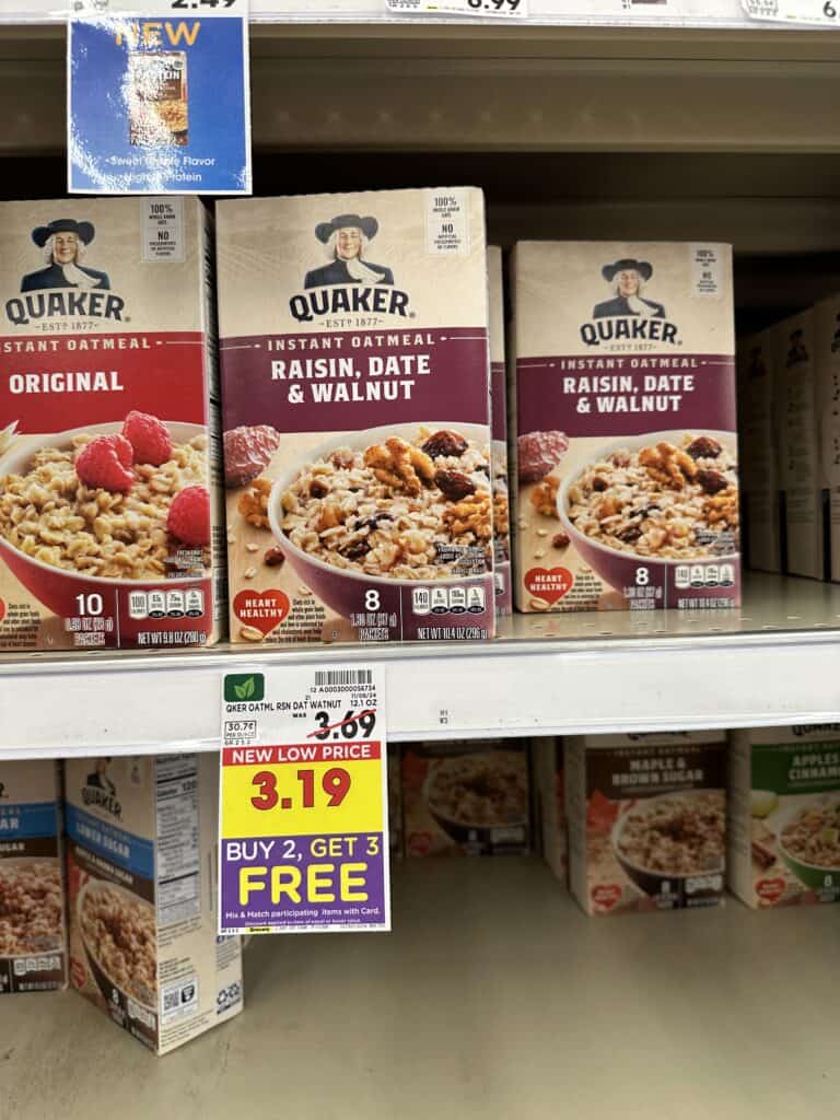 Quaker Instant Oatmeal, Oatmeal, Pearl Milling Pancake and Syrup, Quaker cereals and kroger coffee shelf images