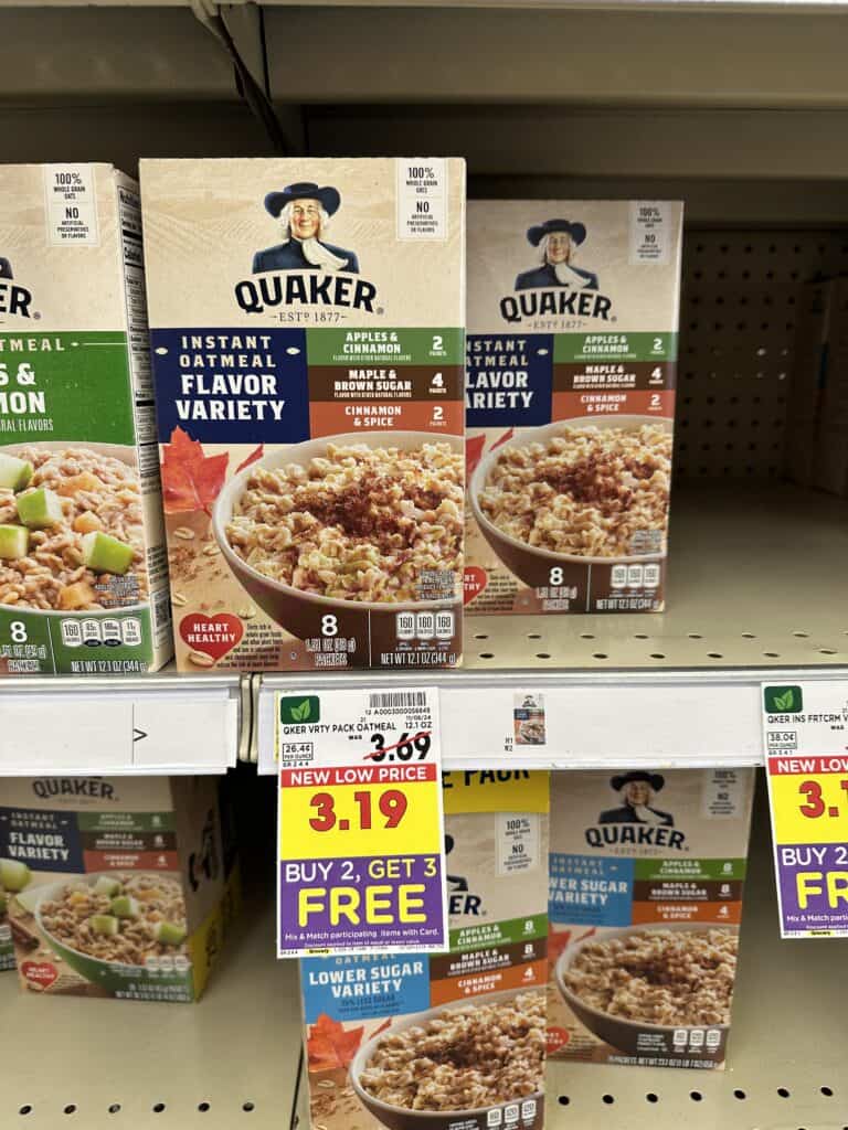 Quaker Instant Oatmeal, Oatmeal, Pearl Milling Pancake and Syrup, Quaker cereals and kroger coffee shelf images