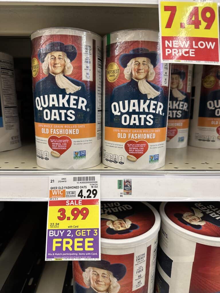 Quaker Instant Oatmeal, Oatmeal, Pearl Milling Pancake and Syrup, Quaker cereals and kroger coffee shelf images