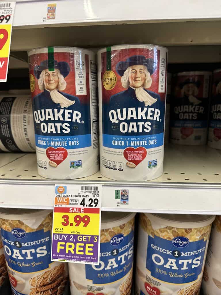 Quaker Instant Oatmeal, Oatmeal, Pearl Milling Pancake and Syrup, Quaker cereals and kroger coffee shelf images