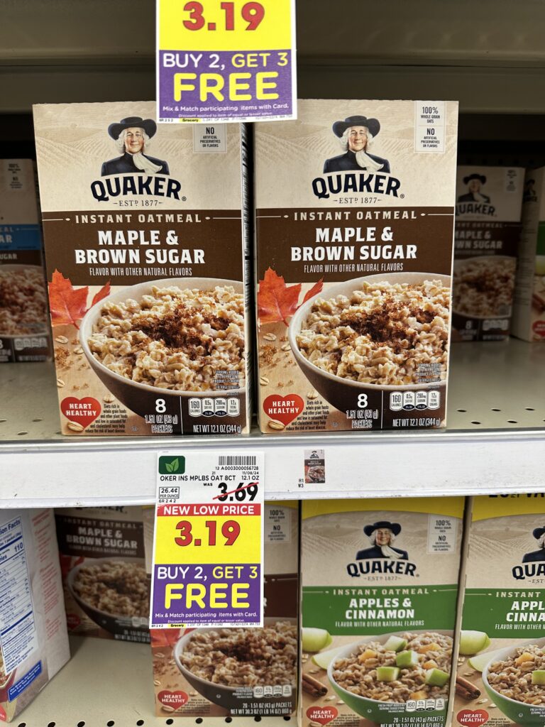 Quaker Instant Oatmeal, Oatmeal, Pearl Milling Pancake and Syrup, Quaker cereals and kroger coffee shelf images