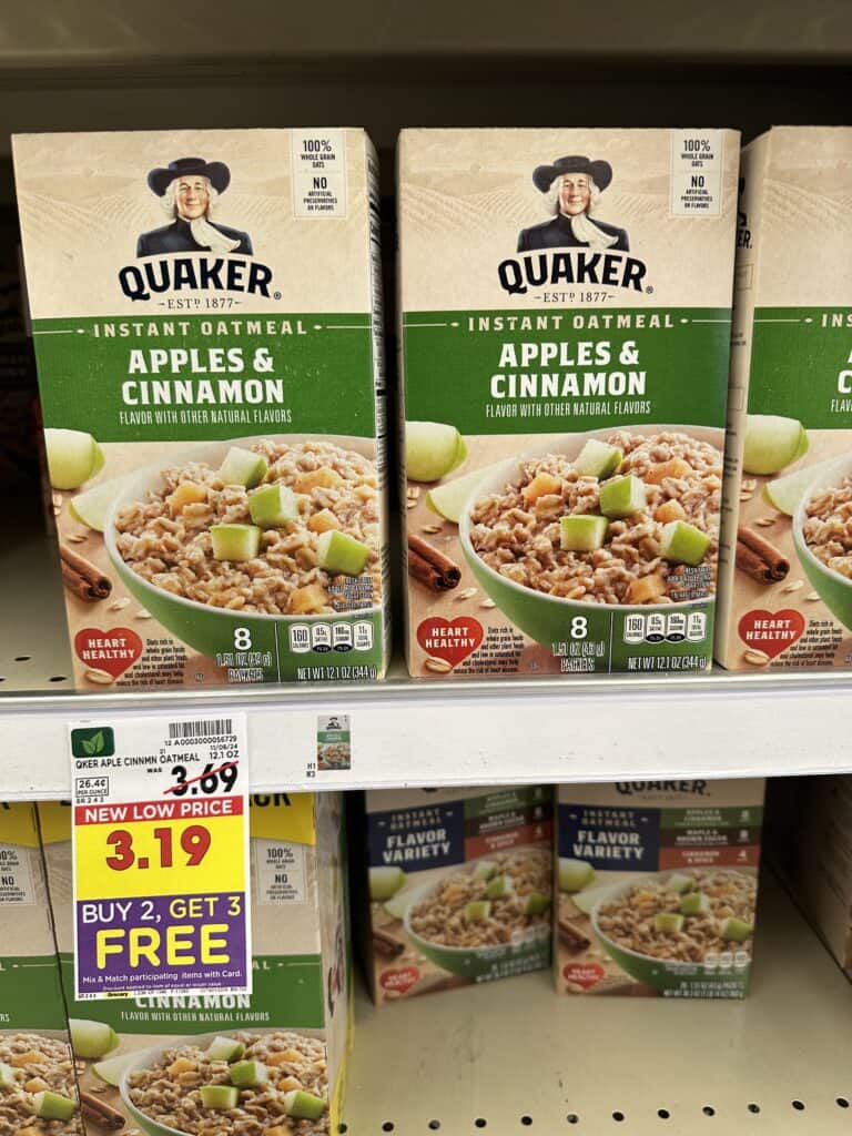 Quaker Instant Oatmeal, Oatmeal, Pearl Milling Pancake and Syrup, Quaker cereals and kroger coffee shelf images