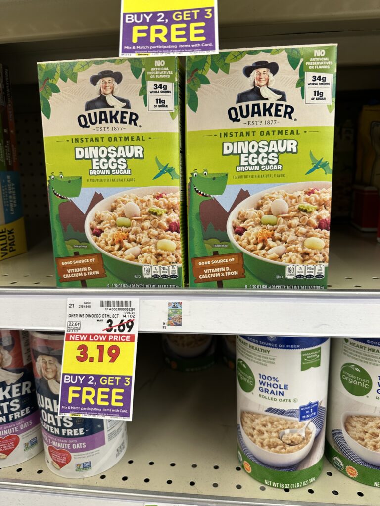 Quaker Instant Oatmeal, Oatmeal, Pearl Milling Pancake and Syrup, Quaker cereals and kroger coffee shelf images